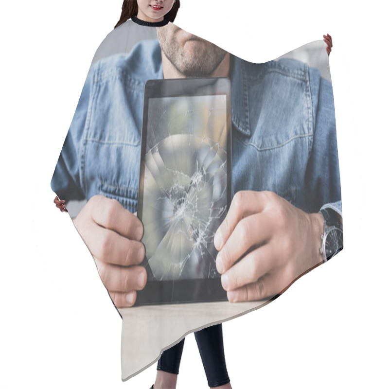 Personality  Cropped View Of Businessman Holding Smashed Digital Tablet On Wooden Table Hair Cutting Cape