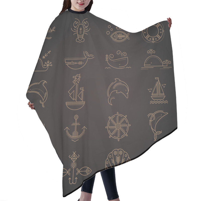 Personality  Nautical Icon Set, Minimalistic Flat Design With Thin Strokes Hair Cutting Cape