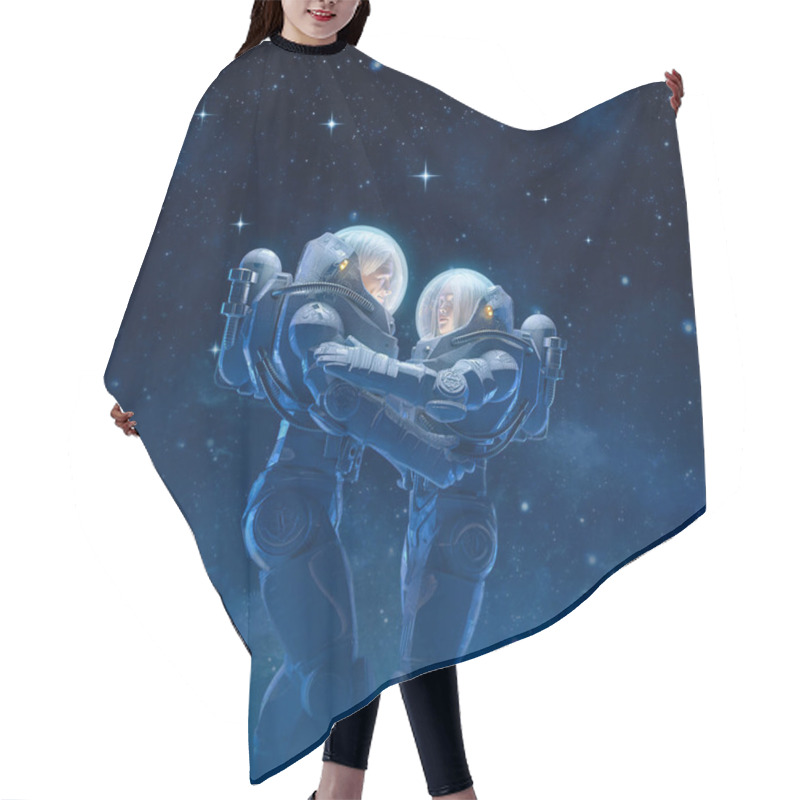 Personality  Deep Space Romance / 3D Illustration Of Male And Female Astronaut Couple Embracing In Outer Space Hair Cutting Cape