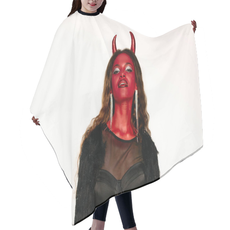 Personality  The Striking Woman Dressed As A Devil Exudes Confidence And Allure During Halloween Celebrations. Hair Cutting Cape