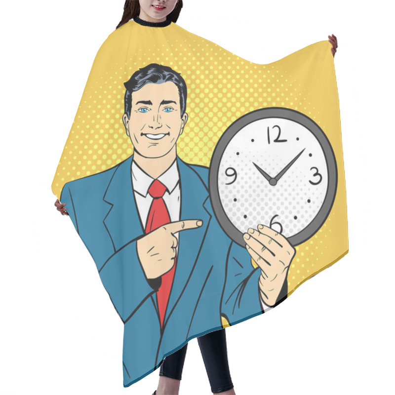 Personality  Vector Hand Drawn Pop Art Illustration Of Businessman Holding Watch Hair Cutting Cape