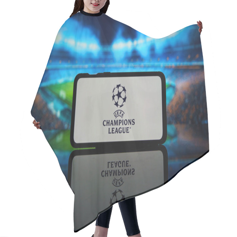 Personality  Kaunas, Lithuania - 2023 August 10: UEFA Champions League Logo On Screen. Football Champions League Tournament. High Quality Photo Hair Cutting Cape