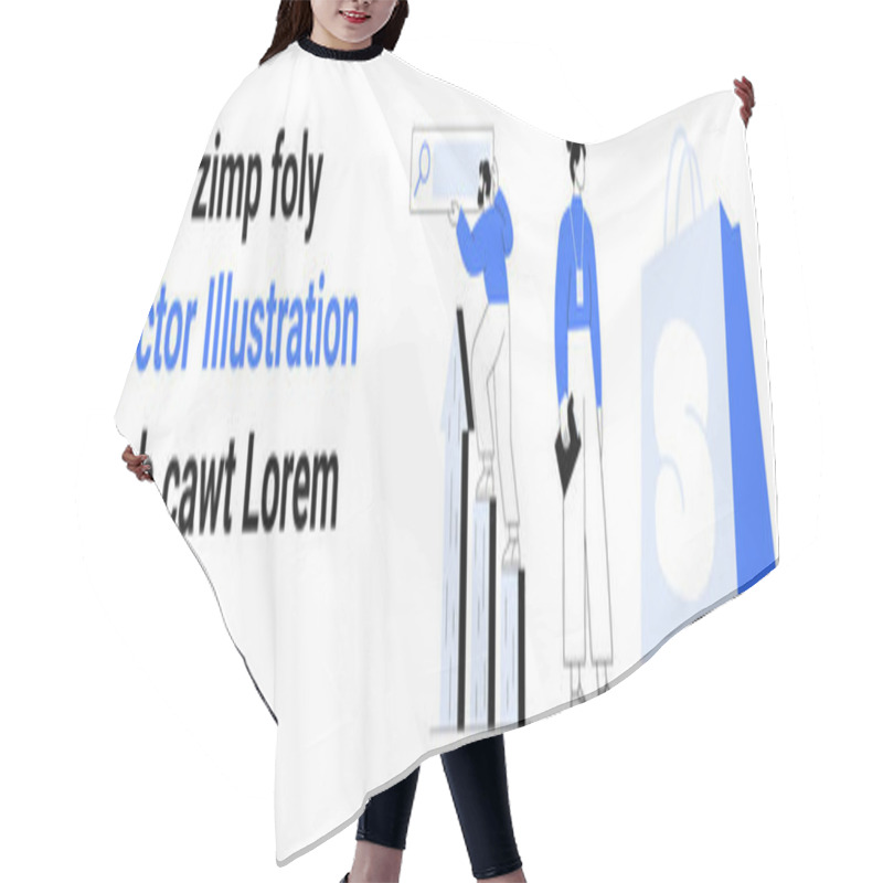 Personality  Two Characters Engaging In Data Analysis With A Search Bar And Graph, Accompanied By A Shopping Bag. Ideal For E-commerce, Business Analytics, Online Shopping, Digital Marketing, And Retail Strategy Hair Cutting Cape