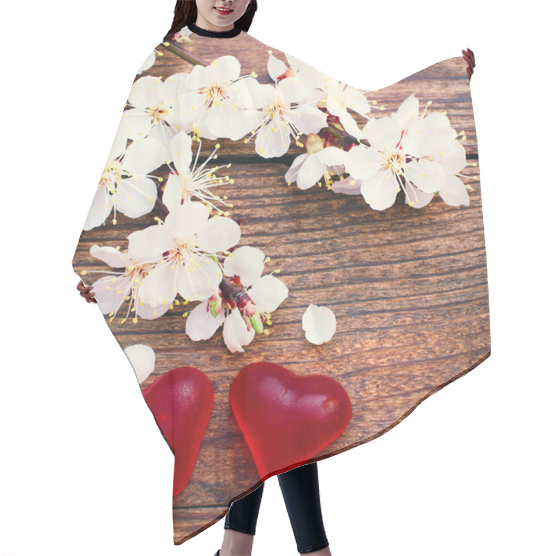 Personality  Flowering Branch With White Delicate Flowers On Wooden Surface. Hair Cutting Cape