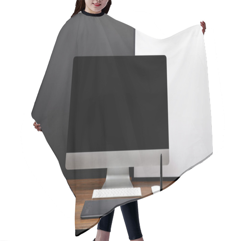 Personality  Close Up View Of Designer Workplace With Blank Computer Screen And Graphic Tablet On Wooden Tabletop Hair Cutting Cape