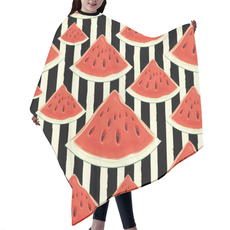 Personality  Fruit Seamless Pattern With Appetizing Watermelon Slices On A Black White Striped Backdrop. Vector Background With The Red Sweet Watermelon. Wallpaper, Wrapping Paper, Textile, Fabric, Summer Design Hair Cutting Cape