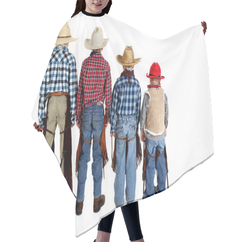 Personality  View Of The Backs Of Four Young Cowboys Looking Away Hair Cutting Cape