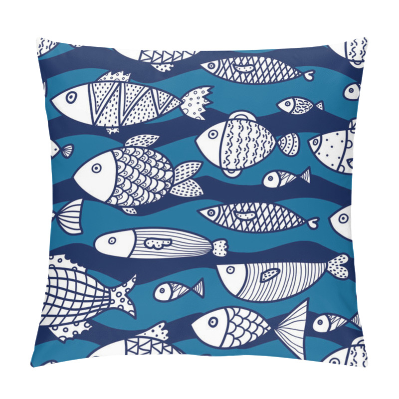 Personality  Linear Decorative Fish On A Mint Background And Waves. Seamless Pattern Can Be Used For Wallpaper, Pattern Fills, Web Page Background, Surface Textures. Pillow Covers