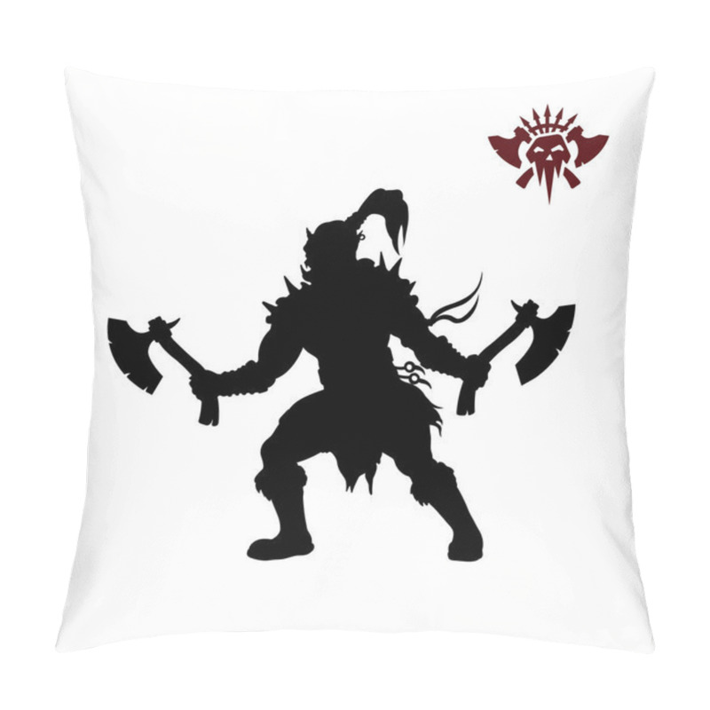 Personality  Black Silhouette Of Orc With Axe On Background. Fantasy Character. Angry Warrior With Weapon. Barbarian Tattoo Pillow Covers