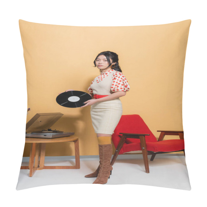 Personality  Asian Woman In Retro Clothes Holding Record Near Player And Armchair On Orange Background Pillow Covers