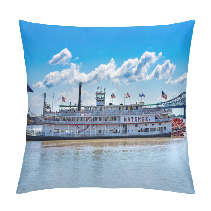 Personality  Tourists Natchez Steamboat Riverboat Flags Wharf Mississippi River New Orleans Louisiana.  One Of The Last Sternwheel Steamboats On The River And In The United States Pillow Covers