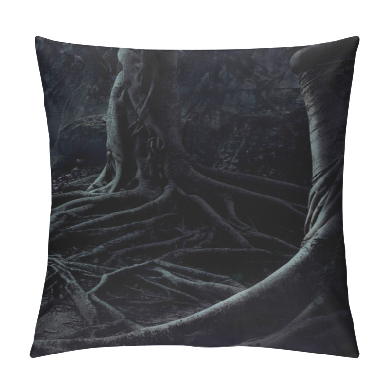 Personality  Scary Trees With Big Roots On Night Misty Forest. Halloween Wallpaper. Pillow Covers