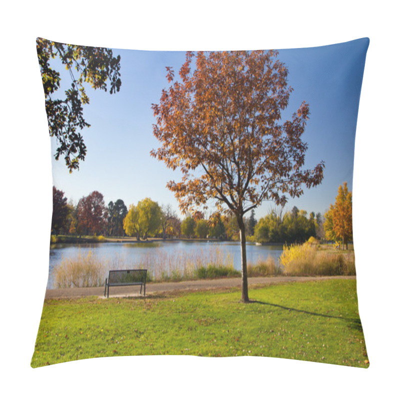 Personality  Empty Park Bench By Lake In Fall Pillow Covers