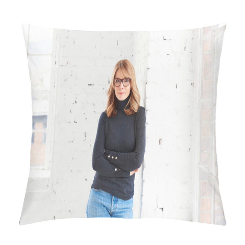 Personality  Portait Of Attractive Middle Aged Woman Wearing Roll Neck Sweater And Jeans While Relaxing At The Window And Looking At Camera. Pillow Covers