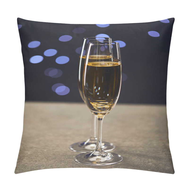 Personality  Sparkling Wine In Two Glasses With Blue Christmas Lights Bokeh Pillow Covers