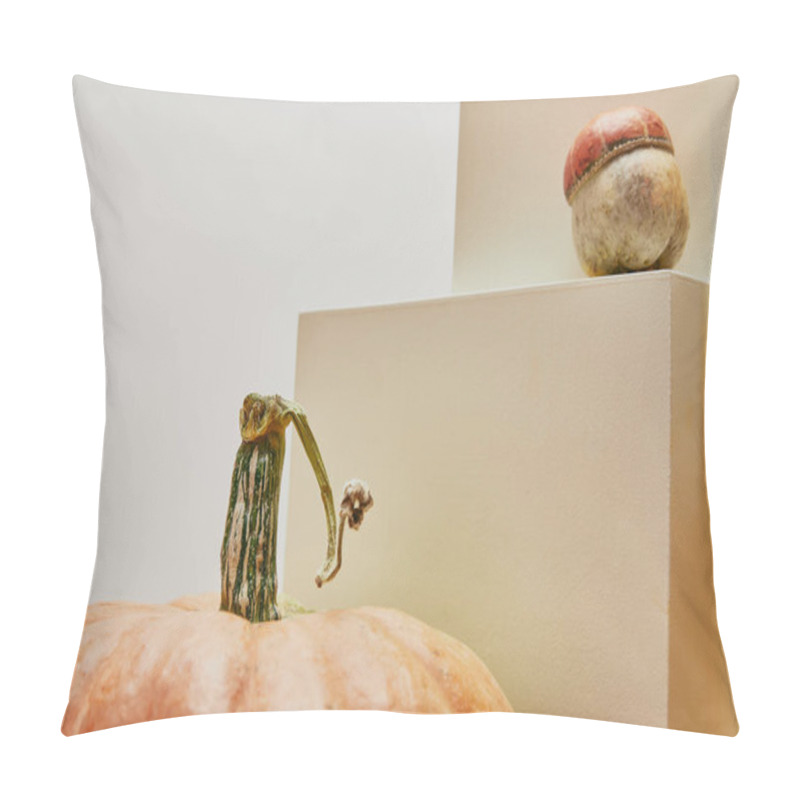 Personality  Autumnal Decoration With Big And Small Pumpkins On Cubes Isolated On White Pillow Covers