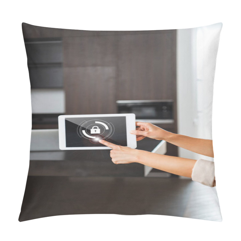 Personality  Selective Focus Of Digital Tablet With Smart Home Security Lock Illustration In Female Hands Pillow Covers