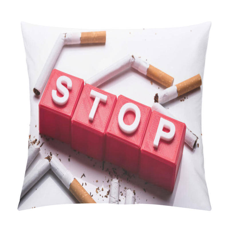 Personality  Red Stop Cubic Blocks Surrounded By Broken Cigarettes On White Background Pillow Covers