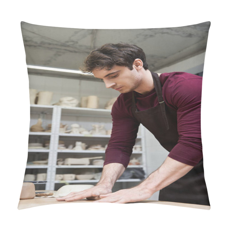 Personality  Elegant Devoted Man In Apron Making Some Pottery In Studio. Pillow Covers