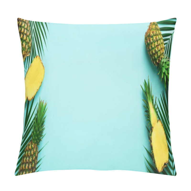 Personality  Pineapples And Tropical Palm Leaves On Punchy Pastel Turquoise Background. Summer Concept. Creative Flat Lay With Copy Space. Top View. Banner Pillow Covers