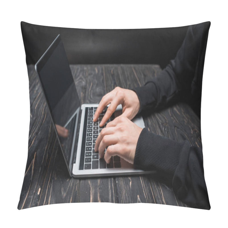 Personality  Cropped View Of Hacker Typing On Laptop Keyboard On Black  Pillow Covers