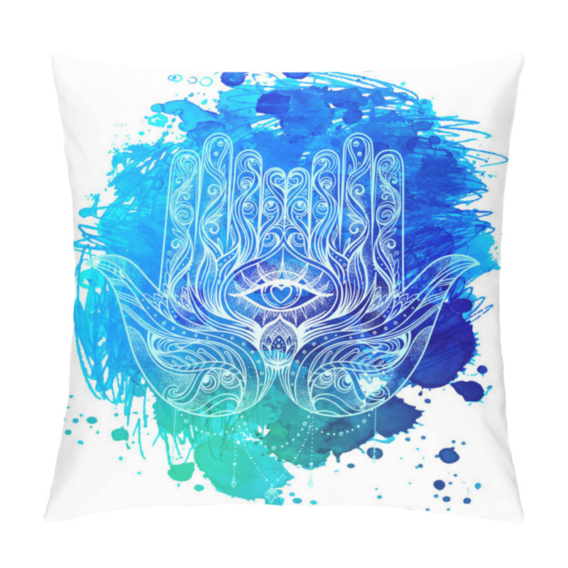 Personality  Ornate Hand Drawn Hamsa. Popular Arabic And Jewish Amulet. Vector Illustration Over Colorful Watercolor Splash. Pillow Covers