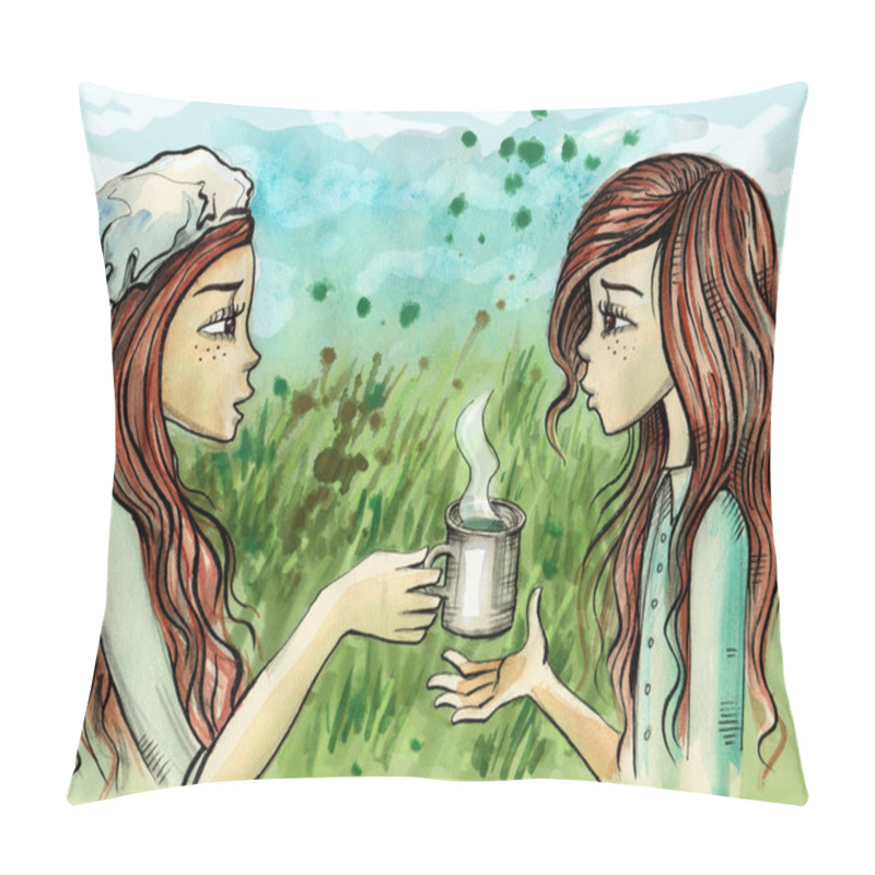 Personality  Twin Sisters Sharing A Cup Of Tea Pillow Covers