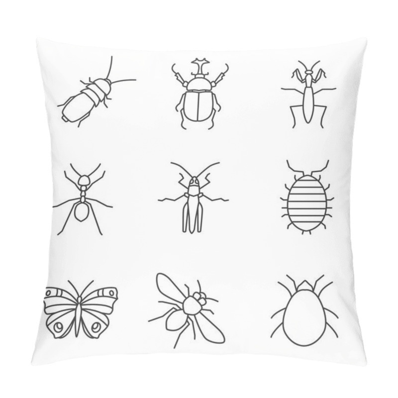 Personality  Linear Icons Set. Darkling Beetle, Hercules Bug, Mantis, Ant, Grasshopper, Woodlouse, Butterfly, Honey Bee, Mite. Thin Line Contour Symbols. Isolated Vector Outline Illustrations Pillow Covers