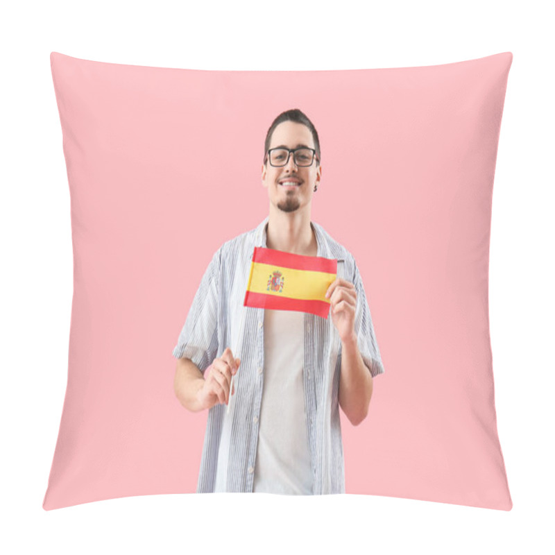 Personality  Handsome Young Man With Flag Of Spain On Pink Background Pillow Covers