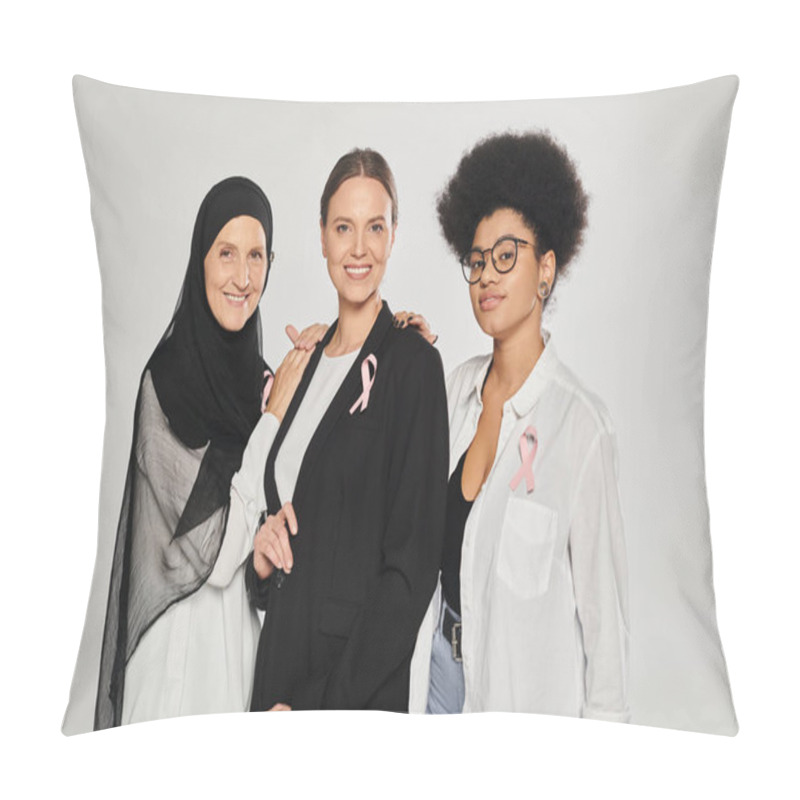 Personality  Smiling Interracial Women With Pink Ribbons Of Breast Cancer Hugging Isolated On Grey Pillow Covers