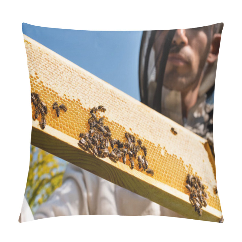 Personality  Close Up View Of Bees On Honeycomb Near Blurred Beekeeper Against Blue Sky Pillow Covers