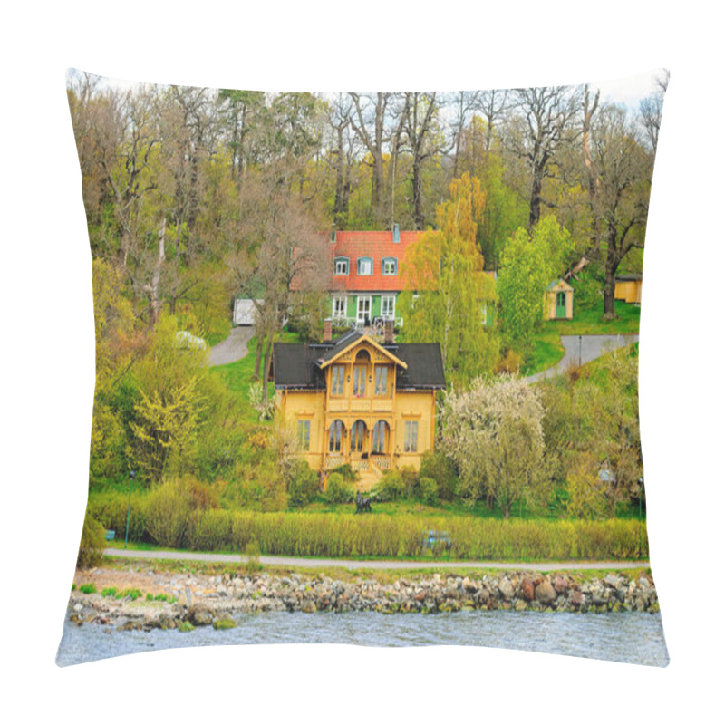 Personality  Picturesque Yellow-framed Wooden Building In Swiss Style Named Eolslund Villa With The Sculpture Of A Black Lion In The Garden. Island Of Djurgarden, Stockholm. Pillow Covers