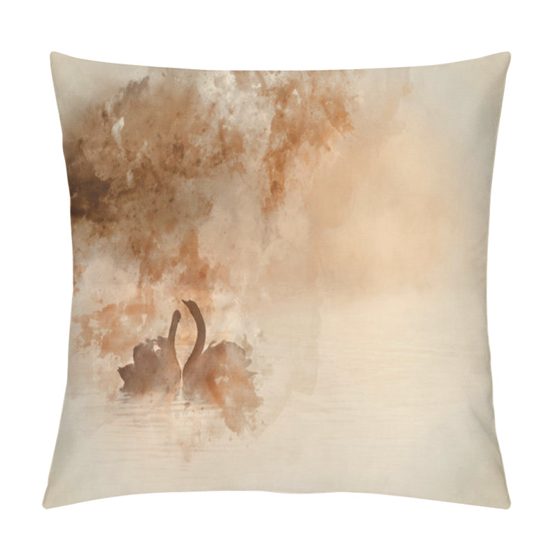 Personality  Watercolour Painting Of Touching Romantic Scene Of Mated Pair Of Swans On Foggy Misty Lake Pillow Covers