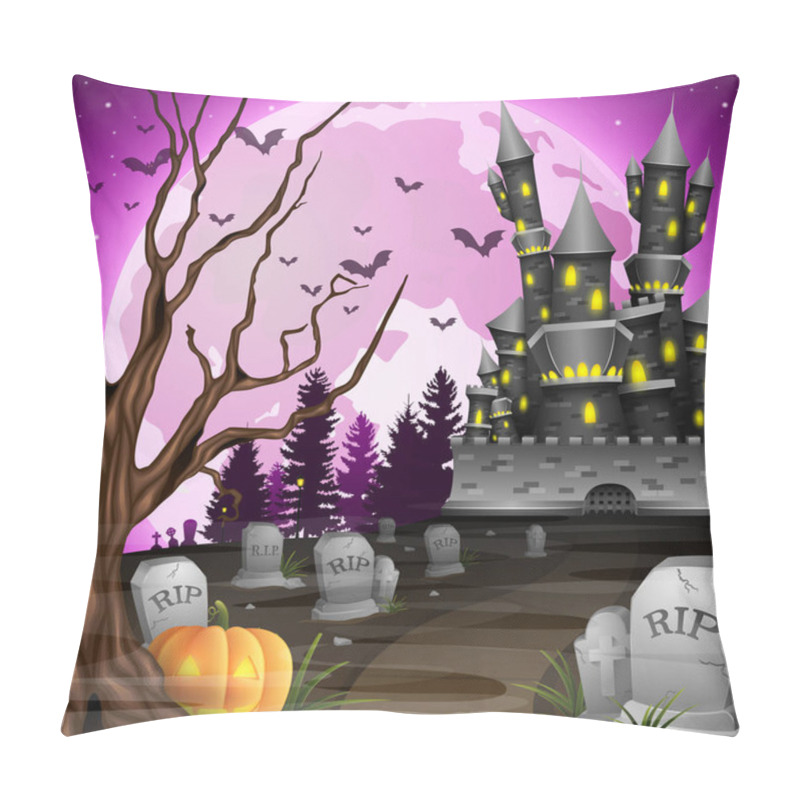 Personality  Halloween Background With Castle And Pumpkin In Graveyard Pillow Covers