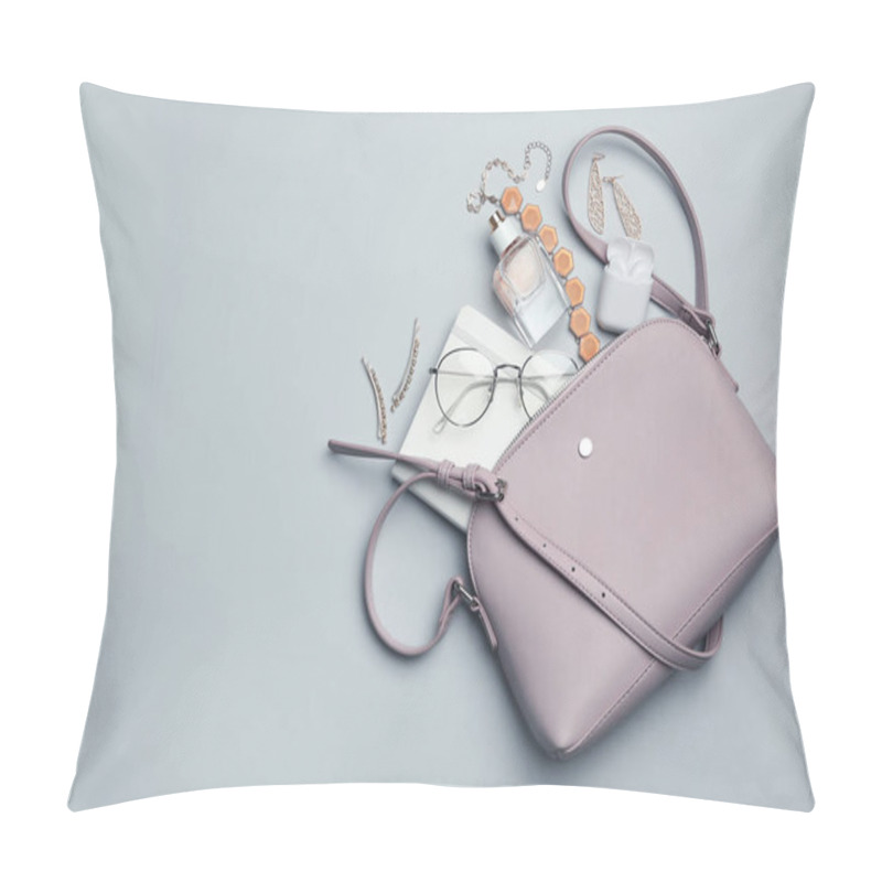 Personality  Stylish Woman's Bag With Accessories On Light Grey Background, F Pillow Covers