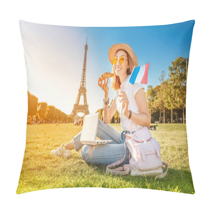 Personality  Happy Asian Girl With French Flag Eating Croissant And Learning Foreign Languages On Laptop With Eiffel Tower In The Background. The Concept Of Modern Distance Learning For Students In Paris Pillow Covers