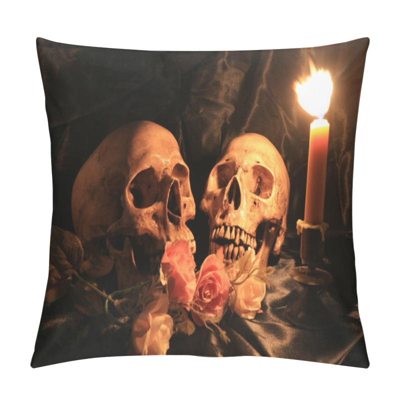 Personality  Lover Of Human Skulls And Rose Flower With Light Candle In Dim Valentines On Black Fabric With Texture In Night Time / Still Life Image Pillow Covers