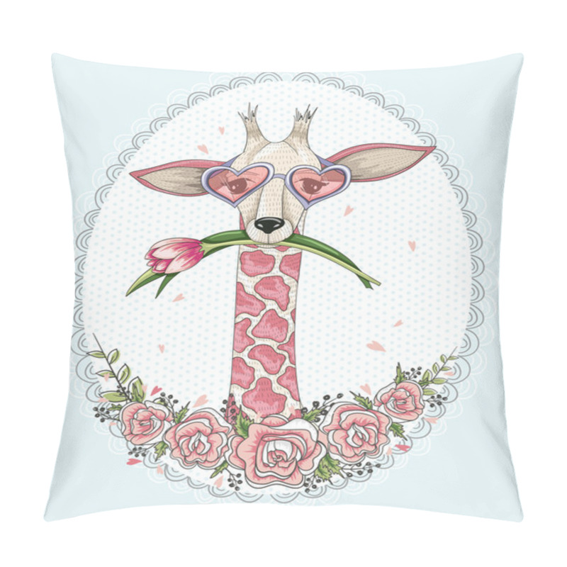 Personality  Cute Hipster Giraffe Background With Floral Frame. Pillow Covers