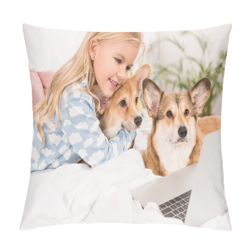 Personality  Smiling Child Lying In Bed With Corgi Dogs And Looking At Laptop  Pillow Covers