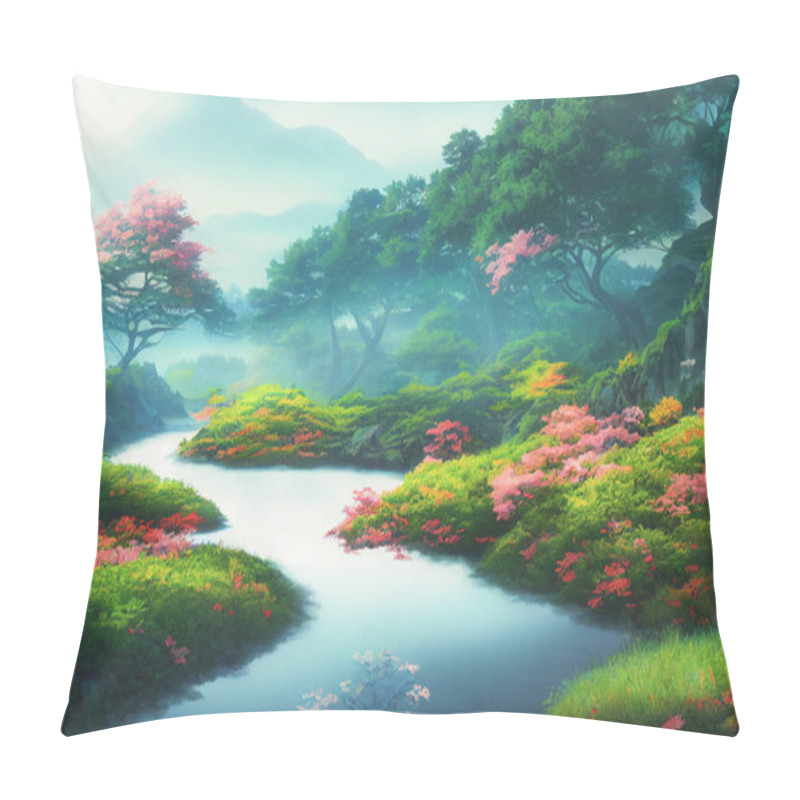 Personality  Japan Anime Scenery Wallpapers Featuring Beautiful Pink Cherry Trees And Mount Fuji In The Background. 3D Render Digital Artwork Painting Pillow Covers