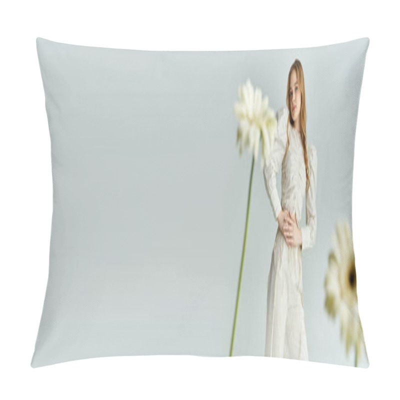 Personality  A Beautiful Young Woman Stands Elegantly Surrounded By Soft Blossoms. Pillow Covers