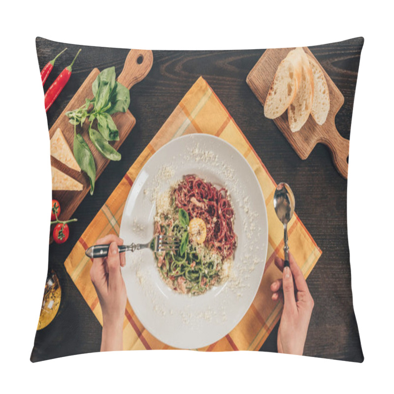 Personality  Cropped Image Of Woman Eating Pasta With Bacon And Parmesan Cheese Pillow Covers