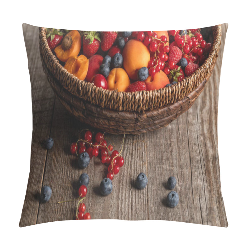 Personality  Close Up View Of Ripe Seasonal Berries And Apricots In Wicker Basket On Wooden Table With Copy Space Pillow Covers