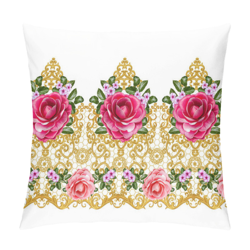 Personality  Seamless Pattern. Golden Textured Curls. Oriental Style Arabesques. Brilliant Lace, Stylized Flowers. Openwork Weaving Delicate, Golden Background, Composition, Garland Of Red Roses Pillow Covers