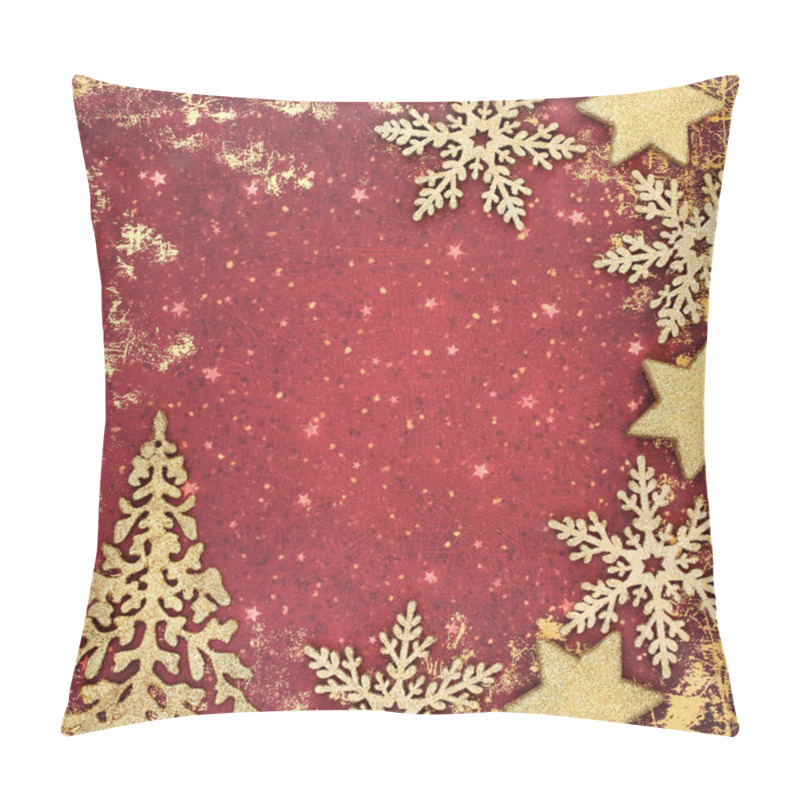 Personality  Abstract Gold Glitter Christmas Tree, Snowflake And Star Background Border. Festive Composition For The Xmas And New Year Holiday Season On Grunge Red. Pillow Covers