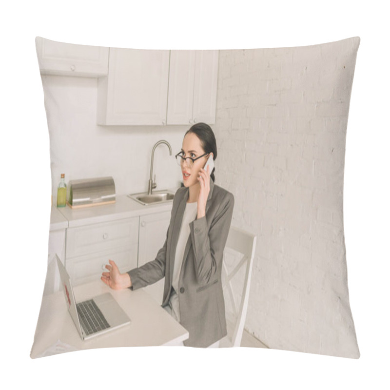 Personality  Young Businesswoman In Blazer Over Pajamas Talking On Smartphone While Working In Kitchen Near Laptop Pillow Covers