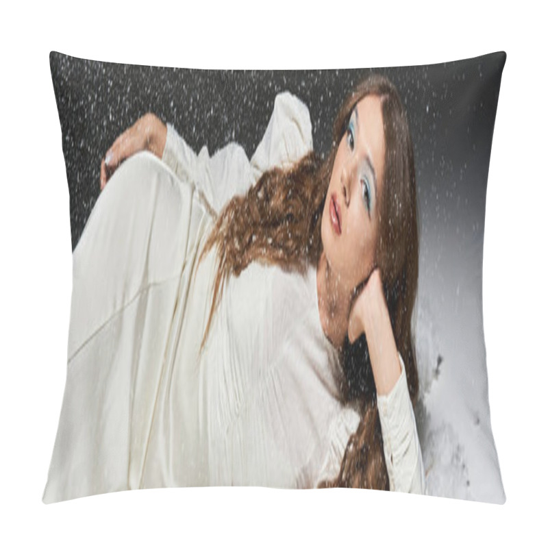 Personality  A Graceful Young Woman In A Flowing White Dress Relaxes In A Snowy Atmosphere, Enjoying The Cold. Pillow Covers