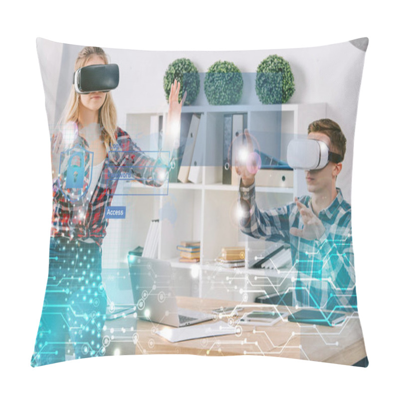 Personality  Young Businesspeople In Virtual Reality Headsets Gesturing At Workplace In Office, Cyber Security Concept Pillow Covers