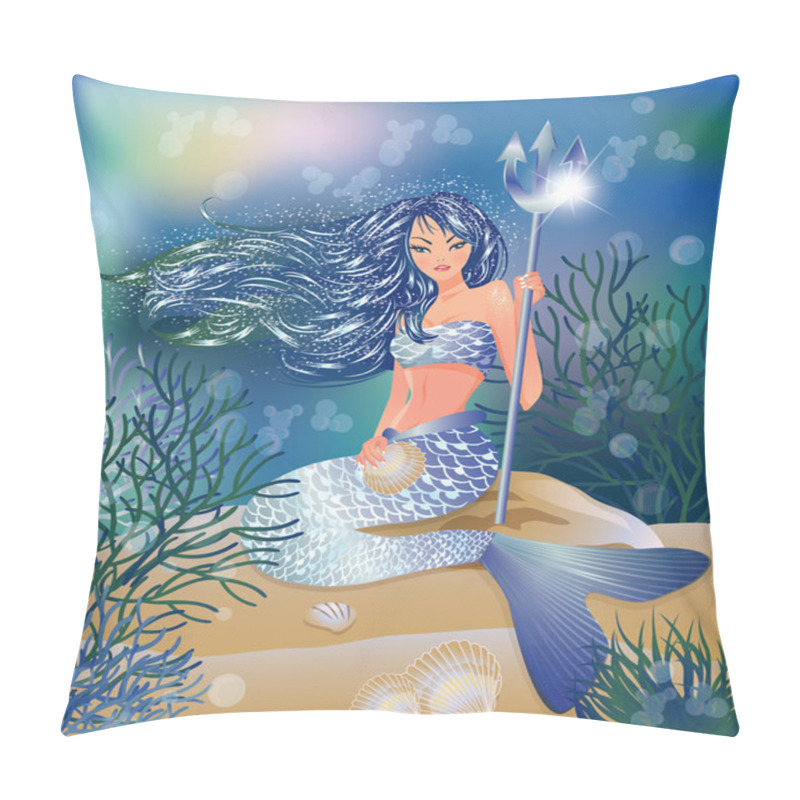 Personality  Mermaid With Trident And Seashell, Vector Illustration Pillow Covers