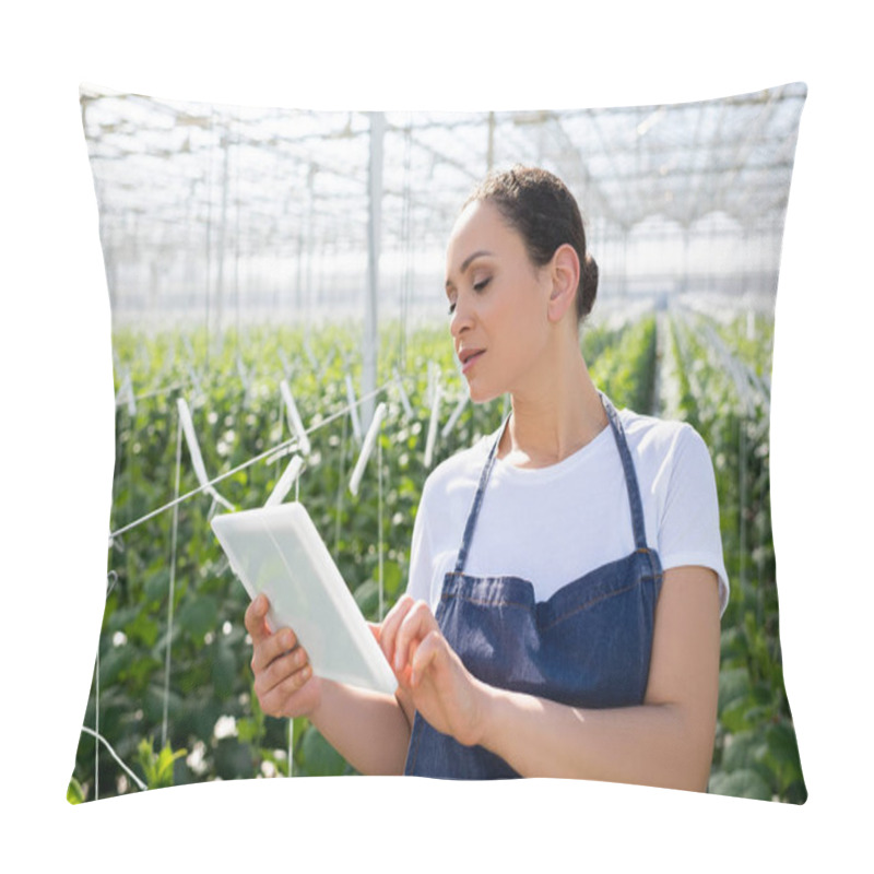 Personality  African American Farmer In Apron Using Digital Tablet In Greenhouse Pillow Covers